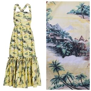 Cara Cara S Julia Hawaiian Yellow Floral Tropical Island Palm Tree Poplin Dress